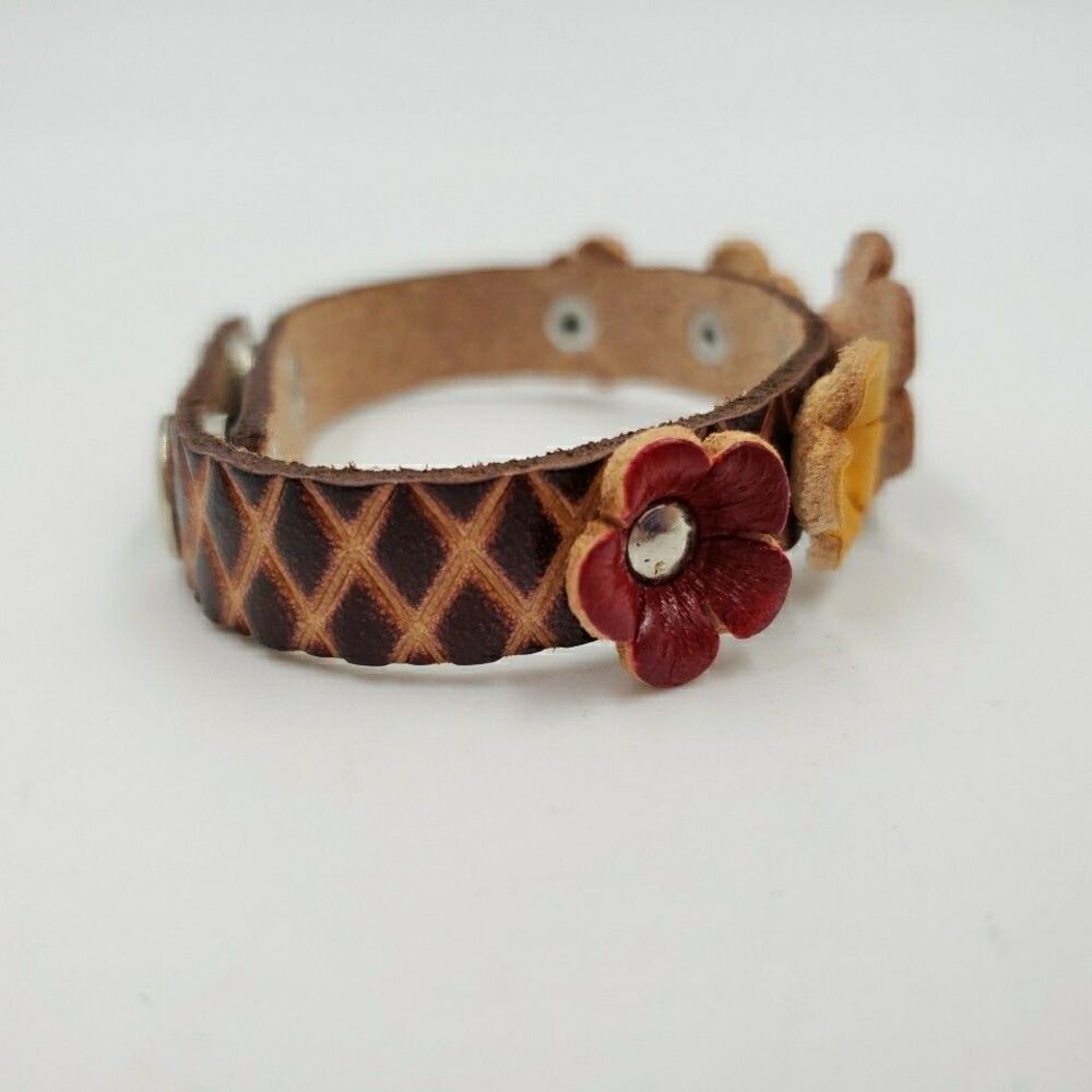 Handmade Floral Leather Cuff Bracelet Adjustable Rustic Boho Prairie Cottagecore - Picture 14 of 16